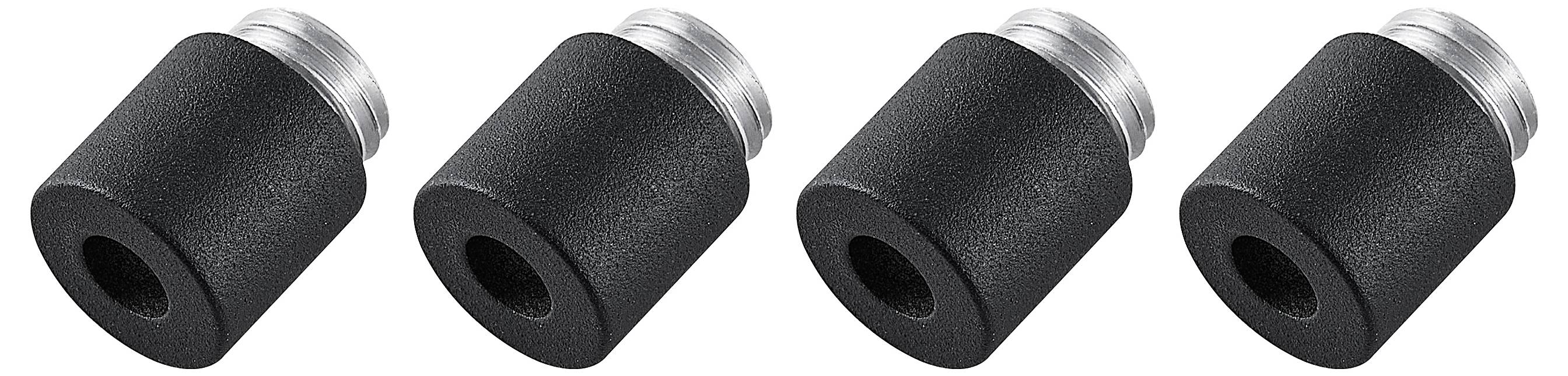 Vier schwarze zylindrische Schaumstoff-Windschutzscheiben für Mikrofone mit silbernen Gewinde-Metalloberteilen, nebeneinander auf weißem Hintergrund dargestellt.