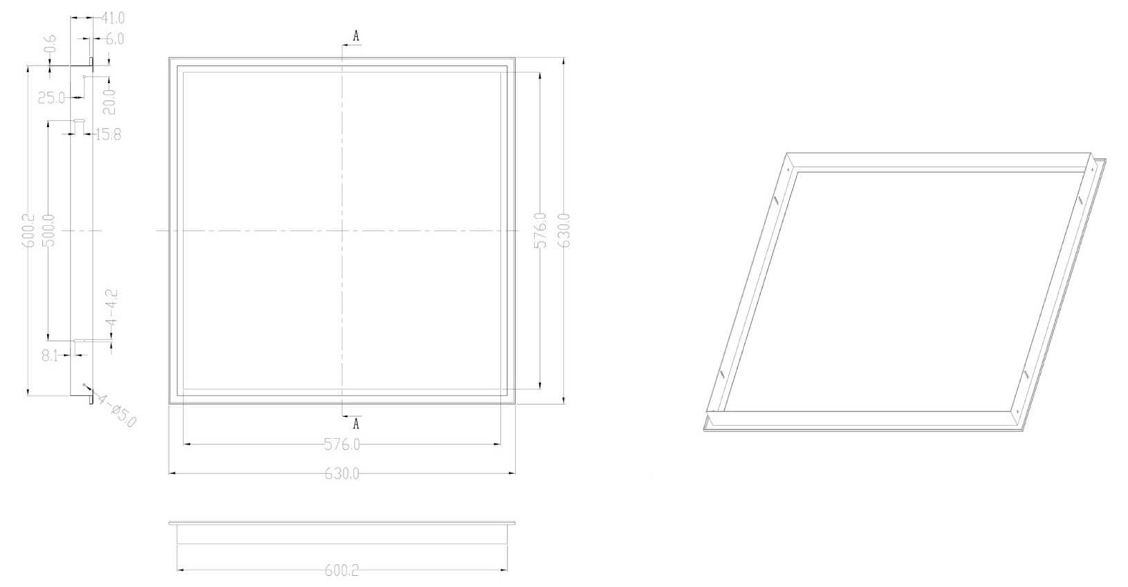 Technische Zeichnung eines quadratischen, gerahmten Panels, dargestellt in Front- und Schrägansicht mit Abmessungen und Schnittmarken, die Größe und Konstruktionsdetails angeben.