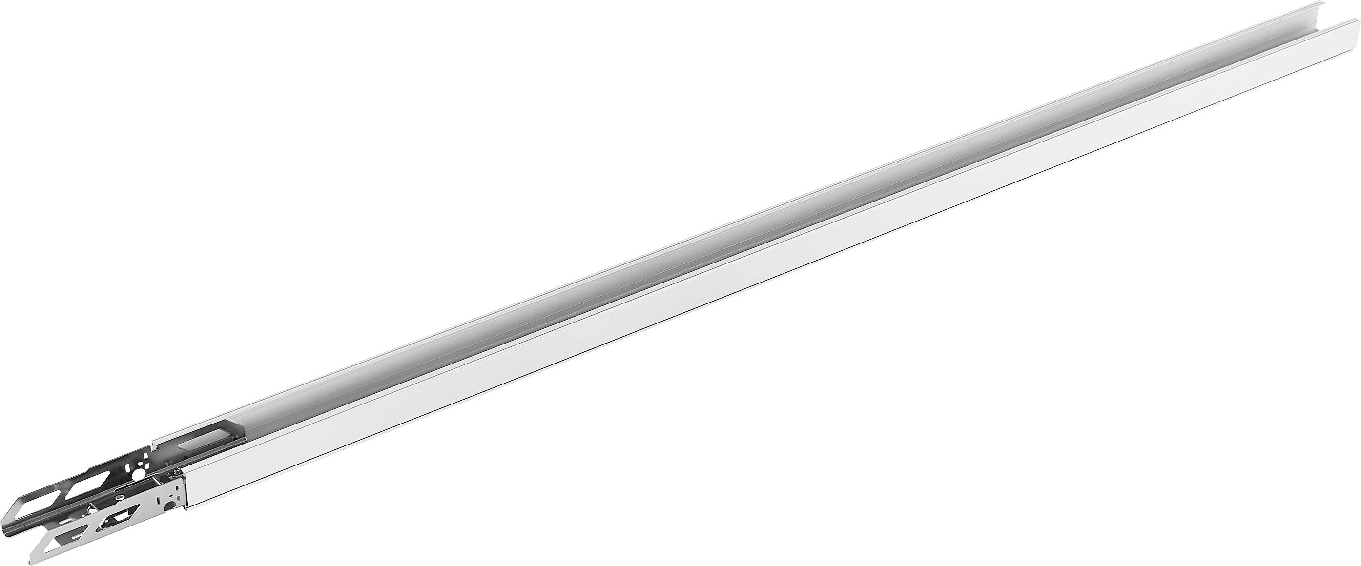 Lange silberne LED-Lichtleiste mit Befestigungsklammen diagonal auf weißem Hintergrund gezeigt.