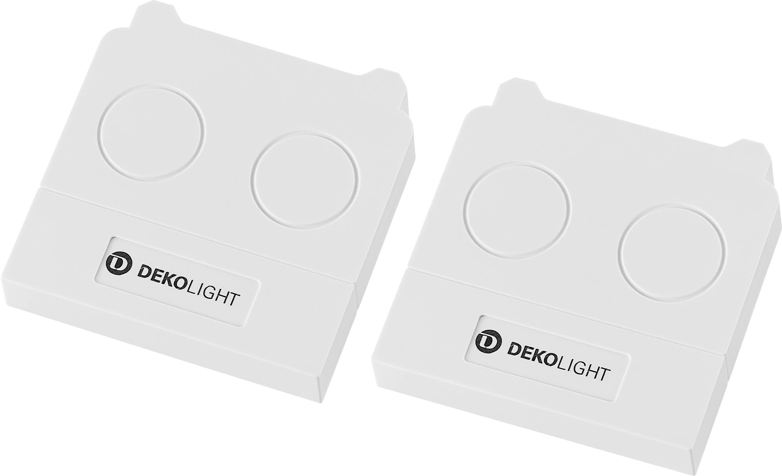 Zwei weiße Dekolight-Elektroverteilerdosen nebeneinander, jede mit zwei runden Verschlussdeckeln und einem Logoschild auf der Vorderseite.