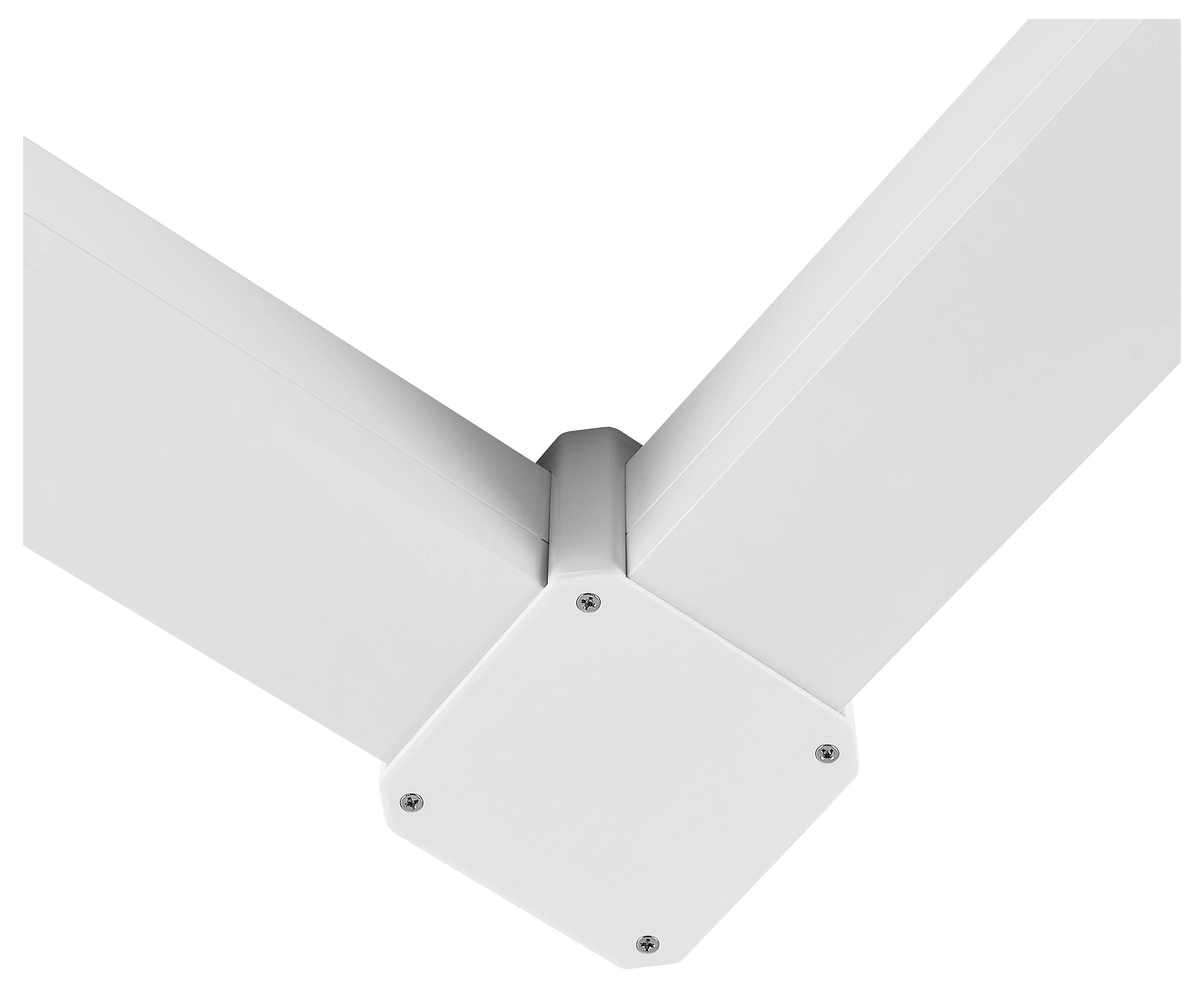 Weißer moderner Deckenventilator mit zwei Blättern und einem zentralen Motorgehäuse auf neutralem Hintergrund.
