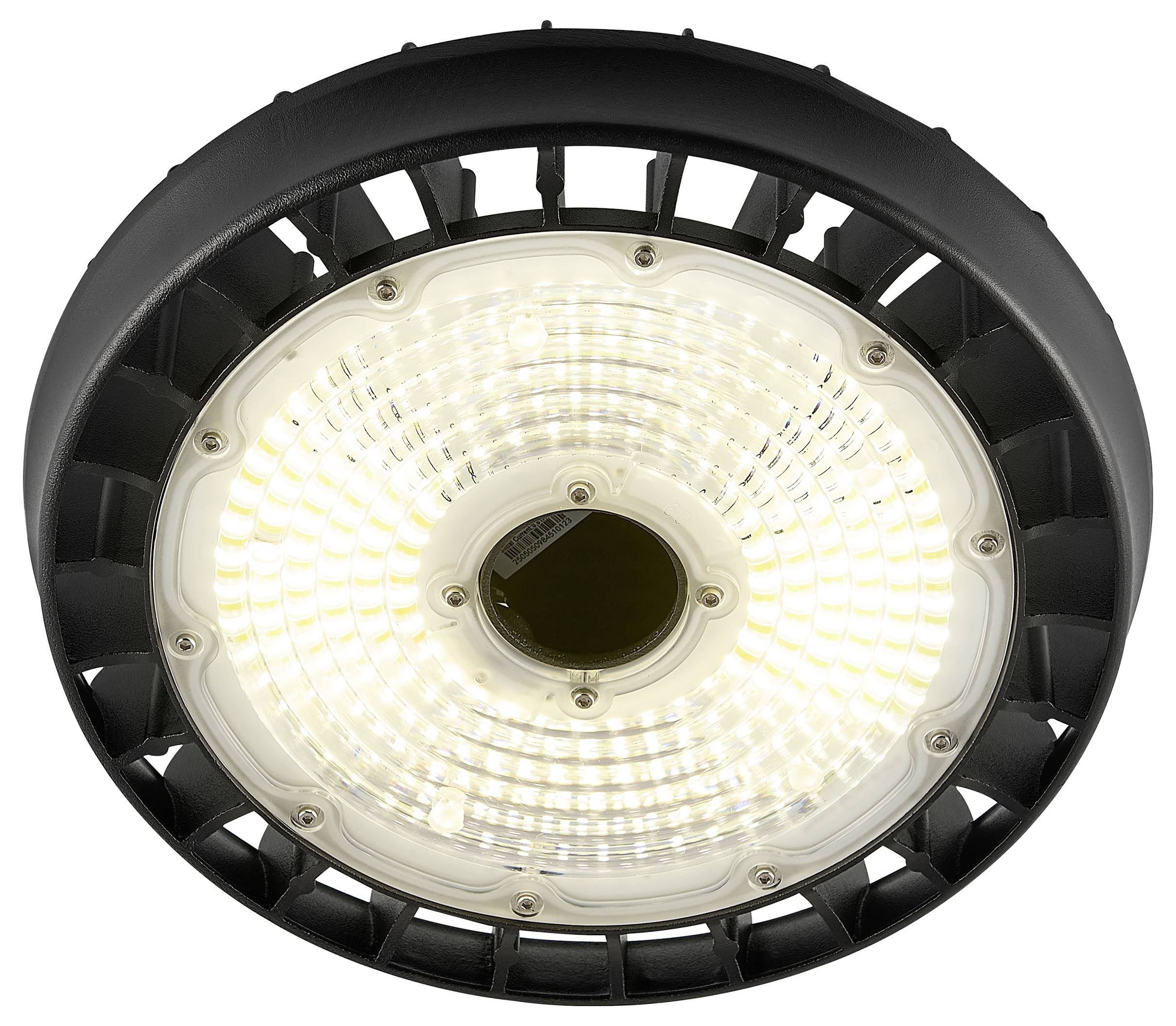 Runde LED-Deckenleuchte für industrielle Anwendungen mit leuchtender kreisförmiger Mitte und schwarzem Außengehäuse, vor weißem Hintergrund dargestellt.