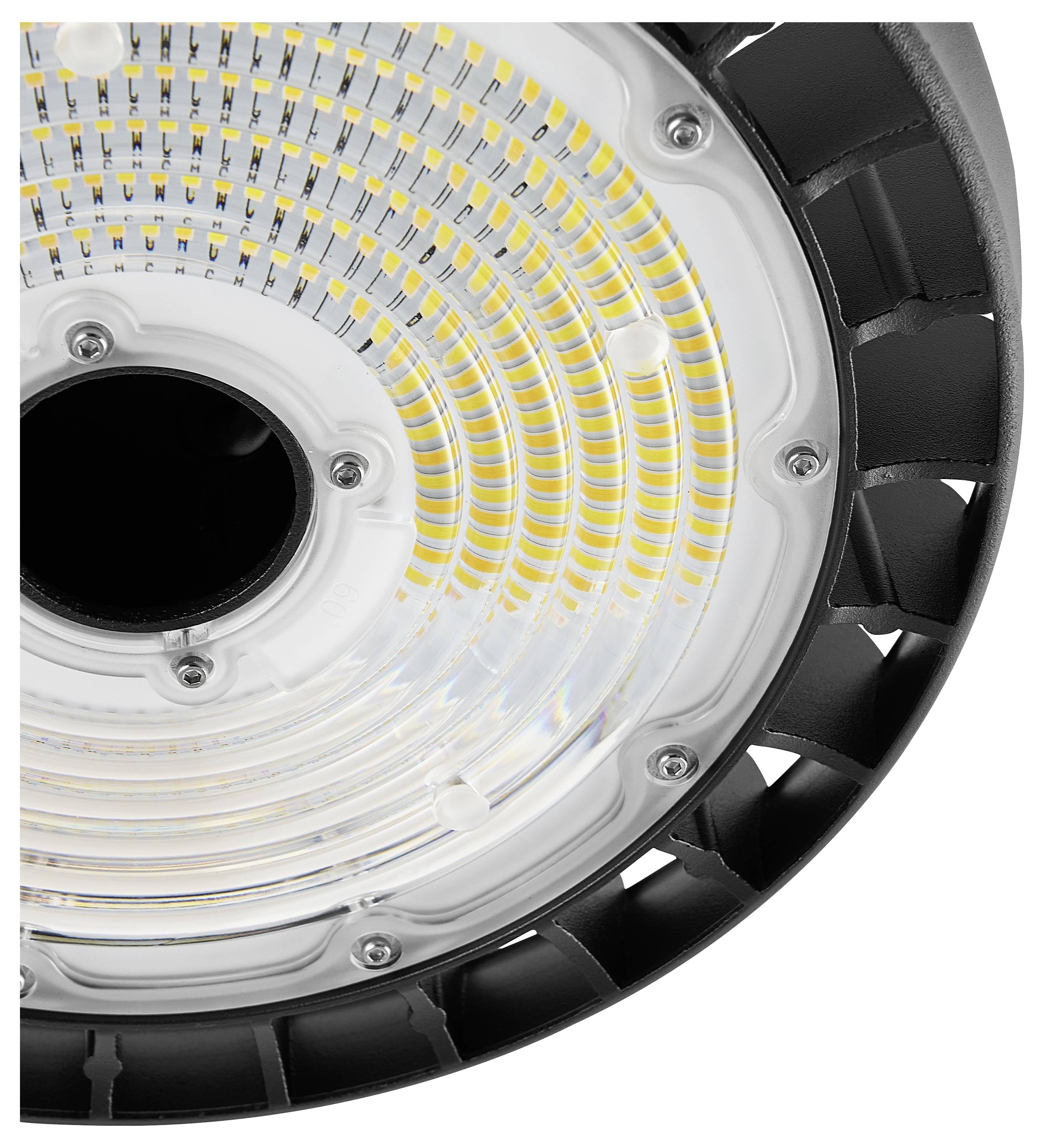Nahaufnahme einer kreisförmigen LED-Hallenscheinwerfer mit konzentrischen Lichtleisten und einem schwarzen belüfteten Außengehäuse.