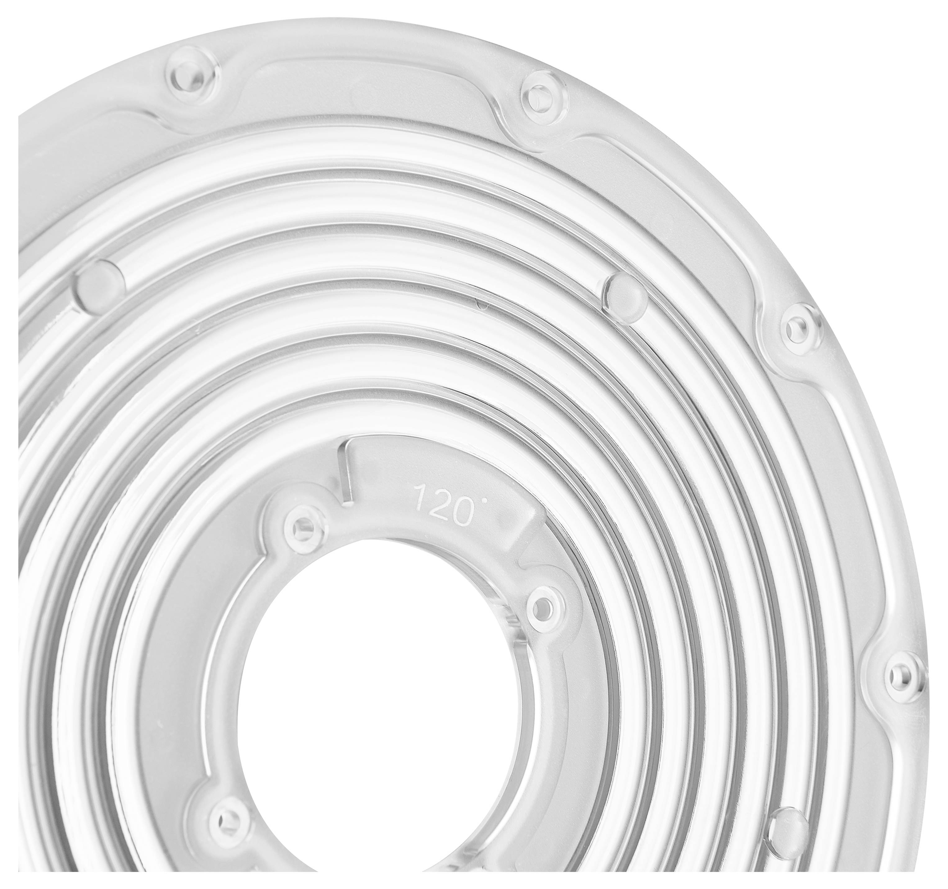 Nahaufnahme einer transparenten kreisförmigen mechanischen Abdeckung mit konzentrischen Ringen und Schraubenbefestigungen, mit der Kennzeichnung „120