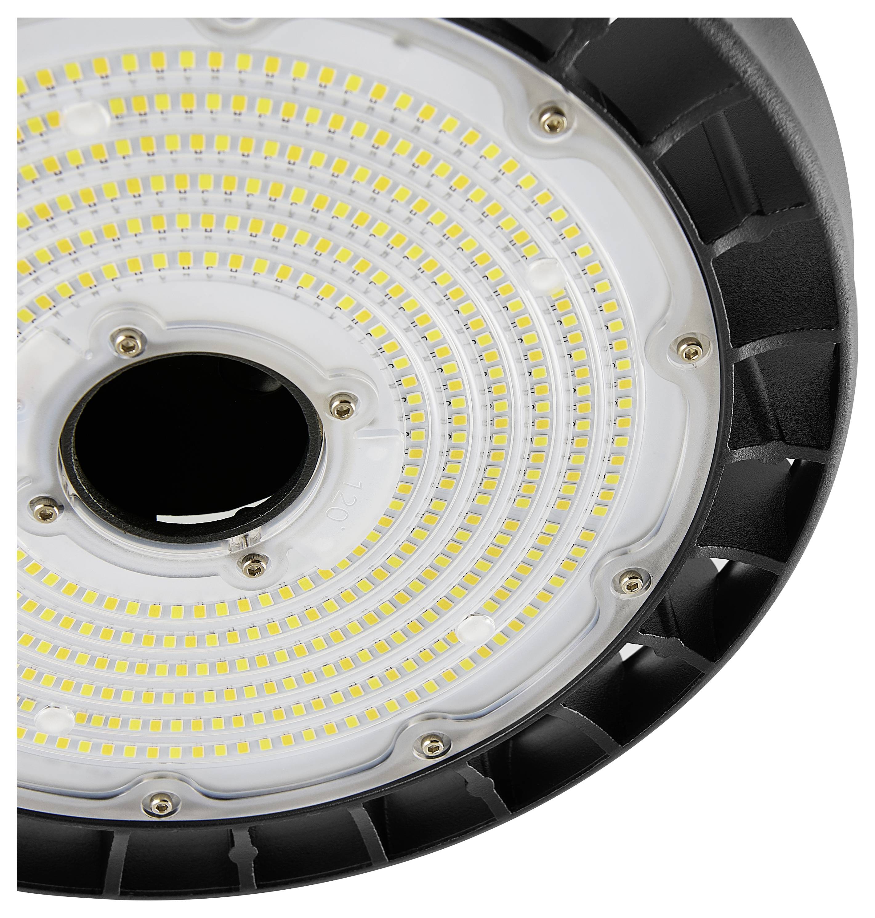 Nahaufnahme einer runden LED-Hallenleuchte mit konzentrischen gelben LED-Chips um eine zentrale Öffnung.