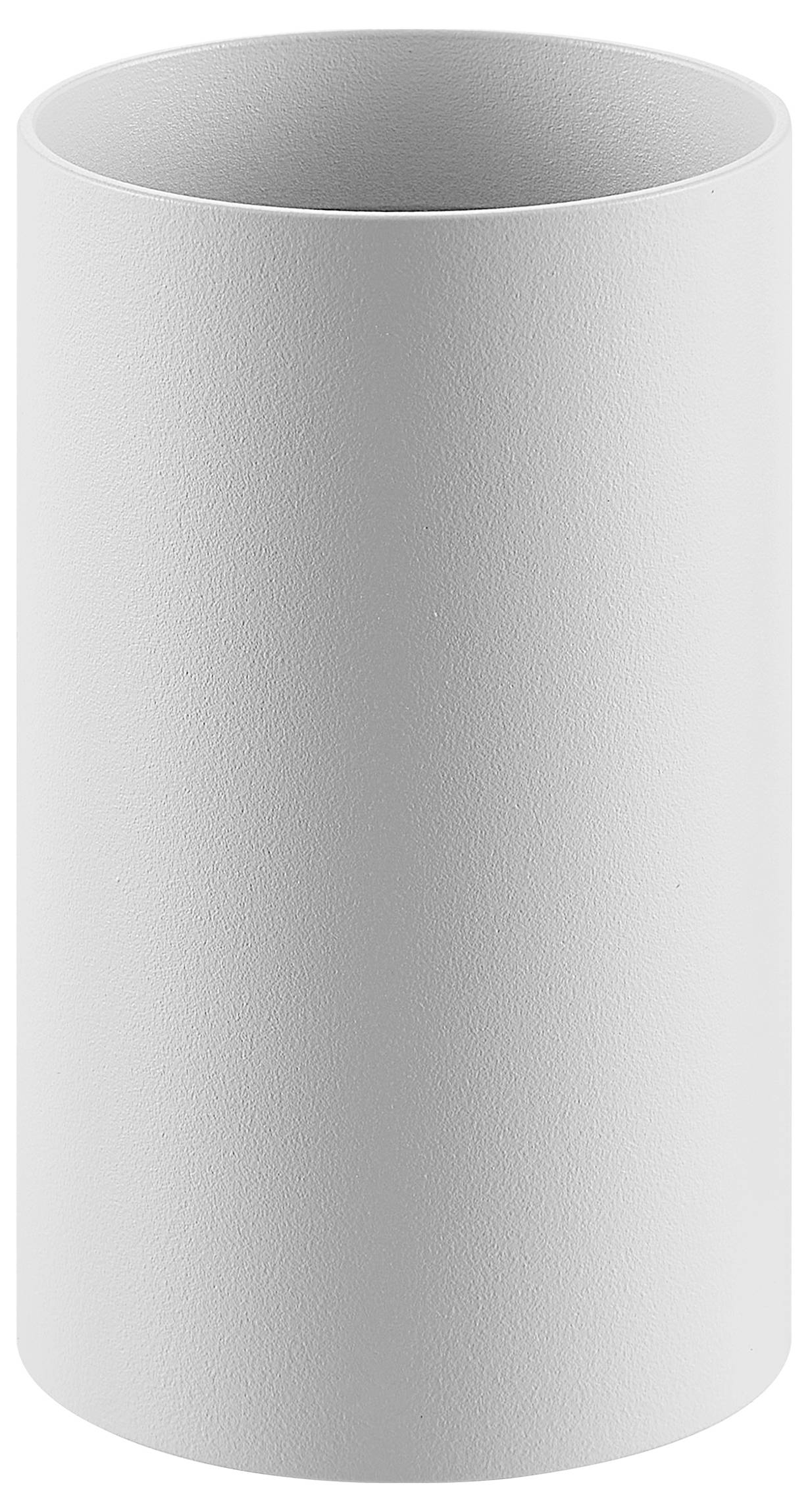 Ein einfacher weißer zylindrischer Behälter oder eine Vase mit offener Oberseite, gezeigt vor weißem Hintergrund.