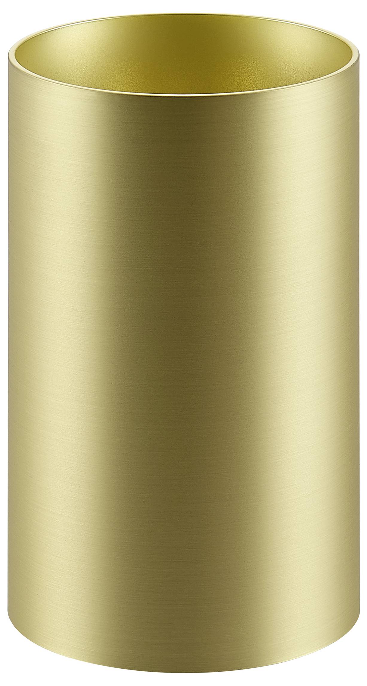 Goldener zylindrischer Metallbehälter oder Becher mit offener Oberseite, gezeigt vor weißem Hintergrund.