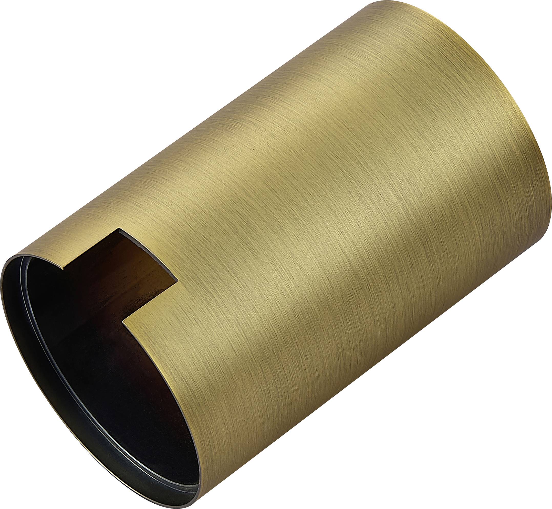 Goldfarben zylindrische Metallhülse mit rechteckiger Aussparung an einem Ende, gezeigt auf weißem Hintergrund.
