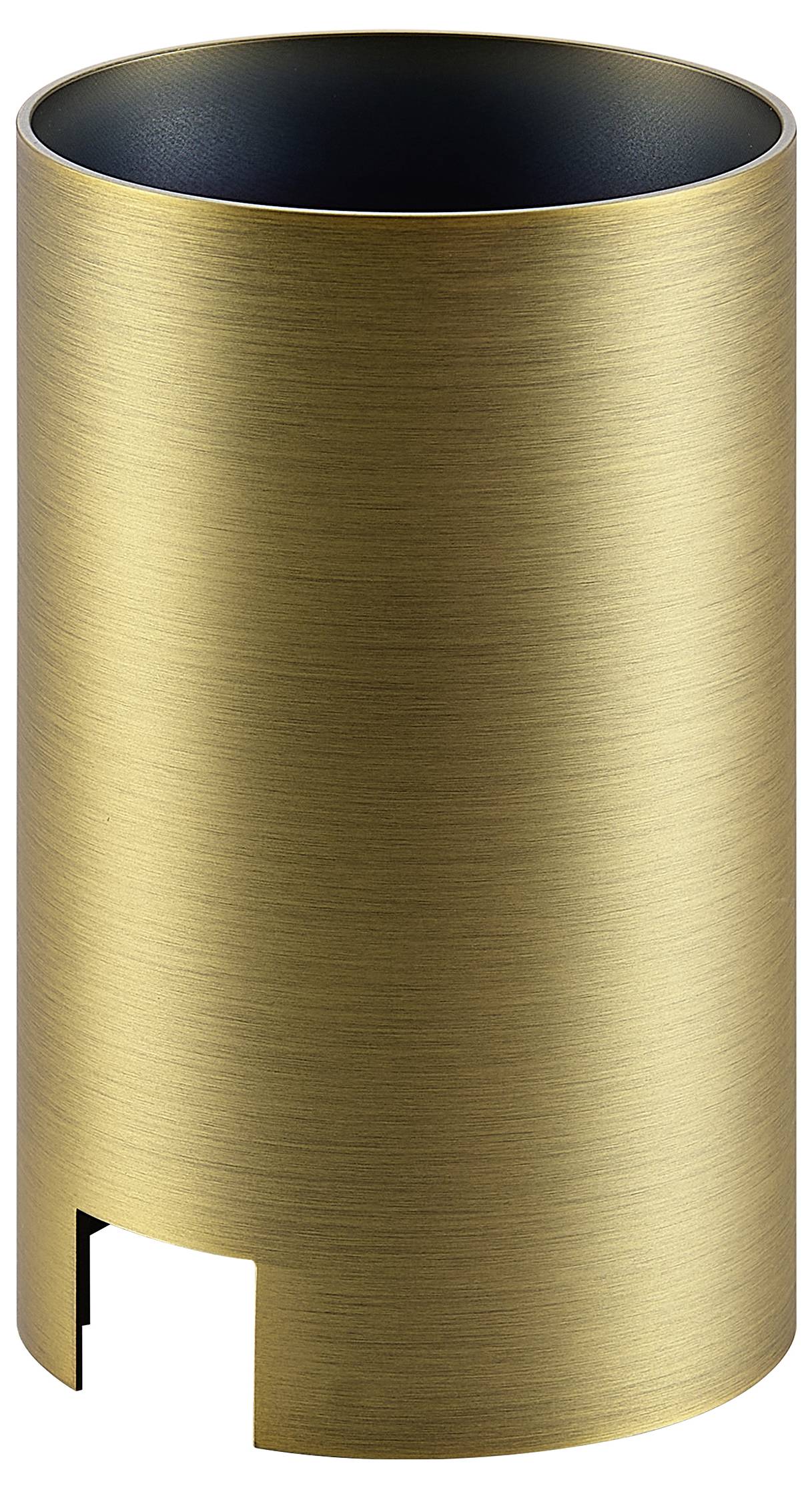 Behälter oder Hülse aus gebürstetem Gold in zylindrischer Metallform mit offener Oberseite und rechteckigem Ausschnitt an der unteren Vorderseite.