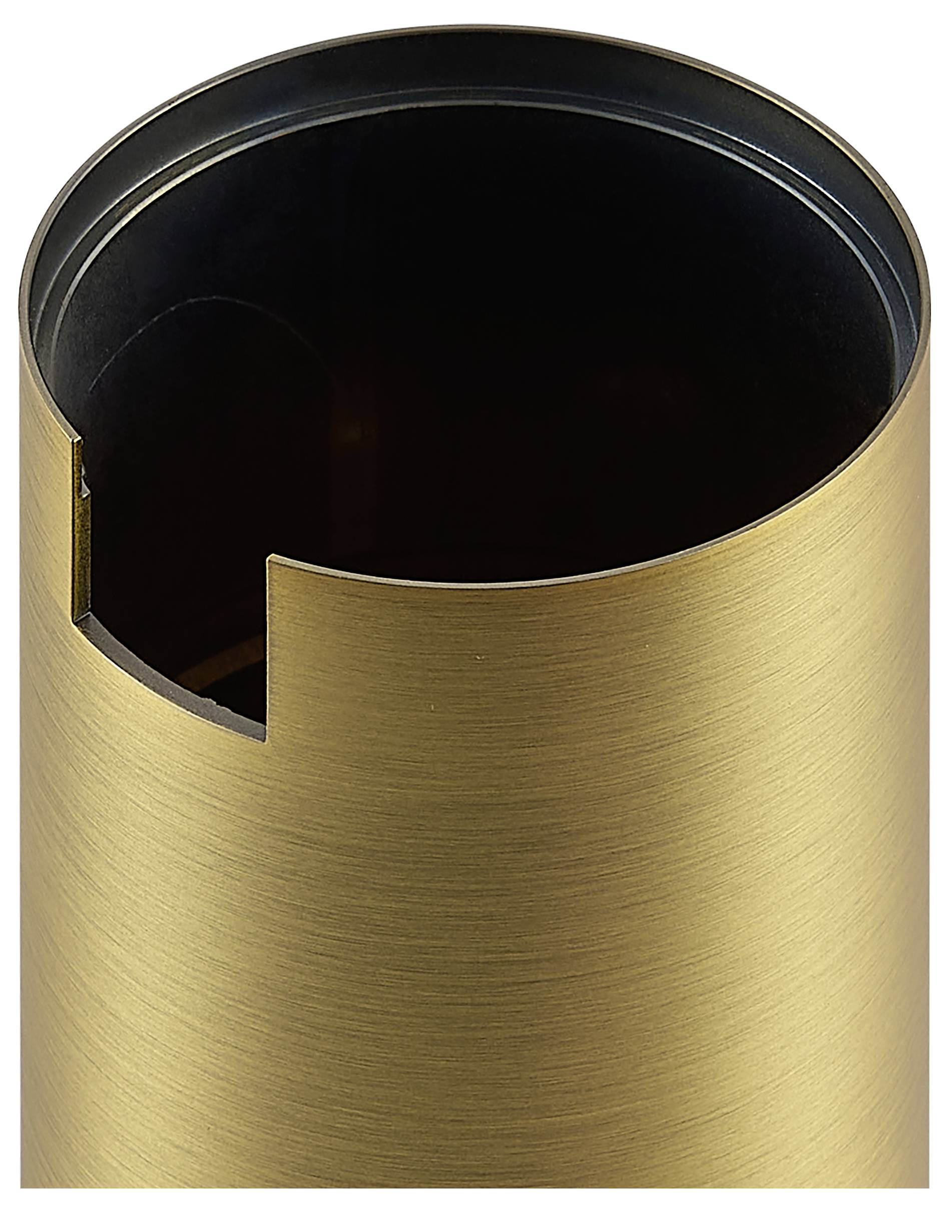 Goldener zylindrischer Metallbehälter mit einer Ausschnittsöffnung, von oben auf weißem Hintergrund dargestellt.