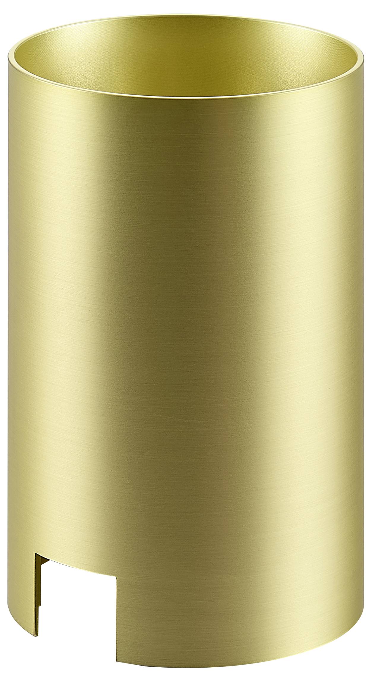 Goldene zylindrische Metallhülse mit rechteckigem Ausschnitt nahe der unteren Kante, auf weißem Hintergrund dargestellt.