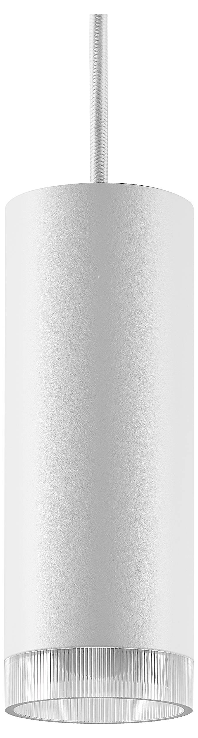 Eine moderne weiße zylindrische Pendelleuchte mit schmalem Aufhängeseil und geripptem transluzenten unteren Diffusor.