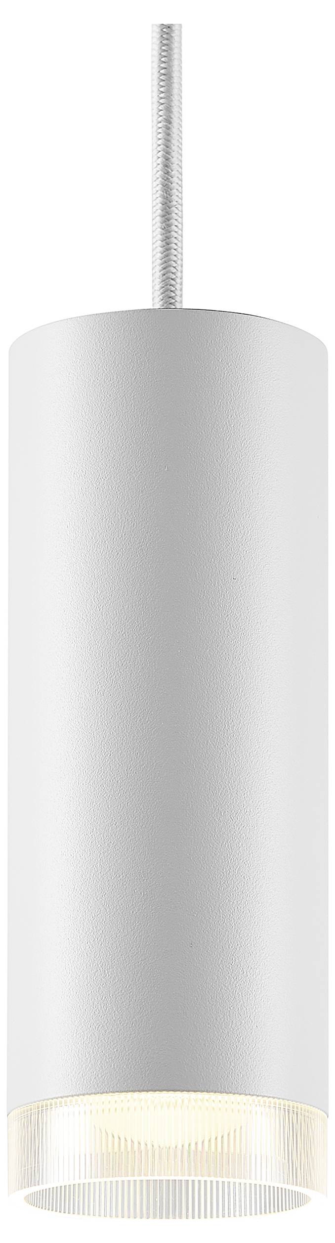 Eine moderne zylinderförmige Pendelleuchte mit silberner Oberfläche und einem sichtbaren warmen Glimmer vom unteren Diffusor, hängend an einem Kabel.