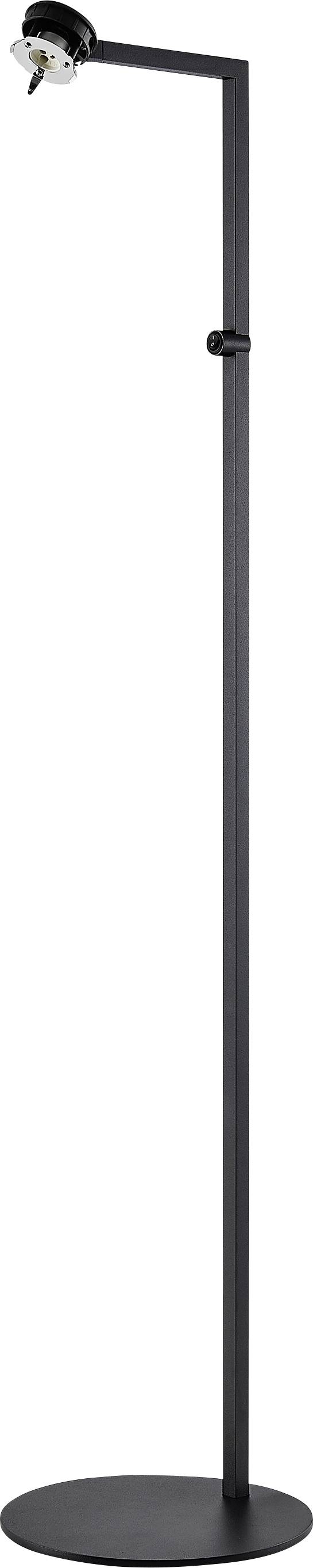 Schwarze verstellbare Stehleuchte mit rundem Sockel und geneigtem Lampenkopf auf einem schlanken vertikalen Ständer.