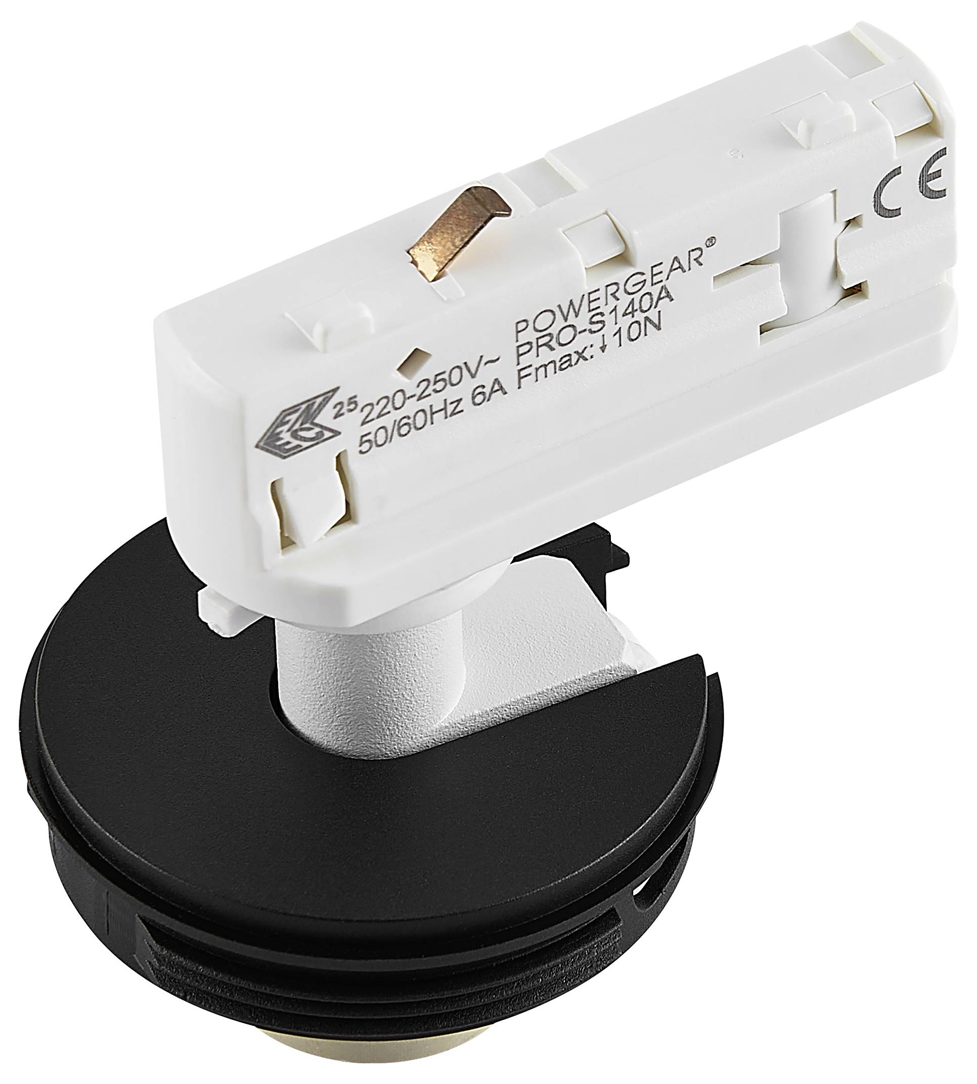 Weißer elektrischer Schienenlichtadapter mit der Bezeichnung „POWERGEAR PRO-S140A