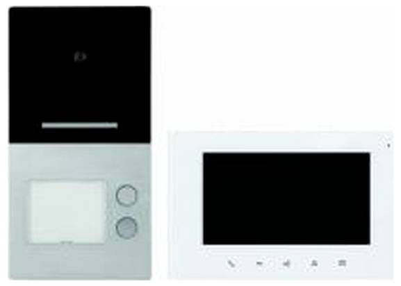 Zwei Sicherheitssprechanlage-Geräte: eine Wandstation mit Kamera und zwei Tasten sowie ein weißes Monitor-Display mit Steuersymbolen.