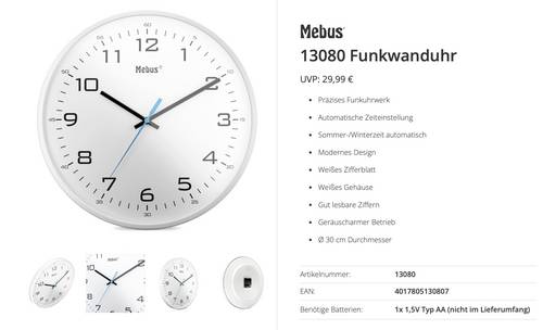 Mebus 13080 Funk Funkuhr 30 cm Weiß Leisegang-Uhrwerk