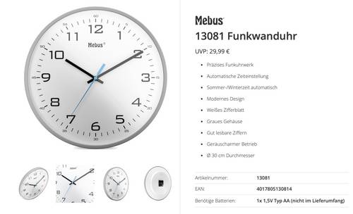 Mebus 13081 Funk Funkuhr 30 cm Grau Leisegang-Uhrwerk