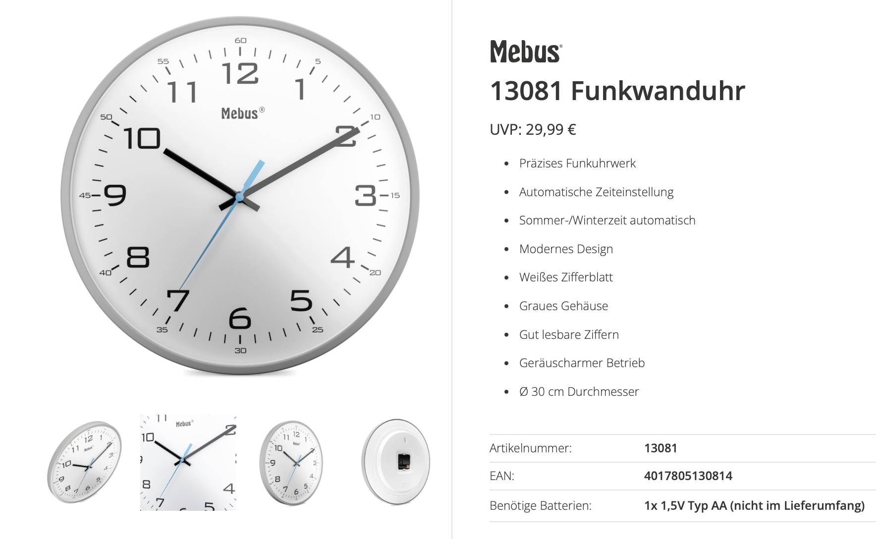 Product image of a Mebus 13081 analog radio-controlled wall clock with silver frame, white face, black numerals, blue second hand, and feature list with price in German.
