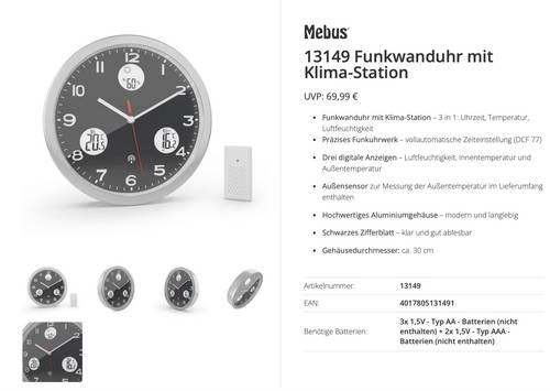 Mebus 13149 Funk Funkuhr 30 cm Aluminium Leisegang-Uhrwerk
