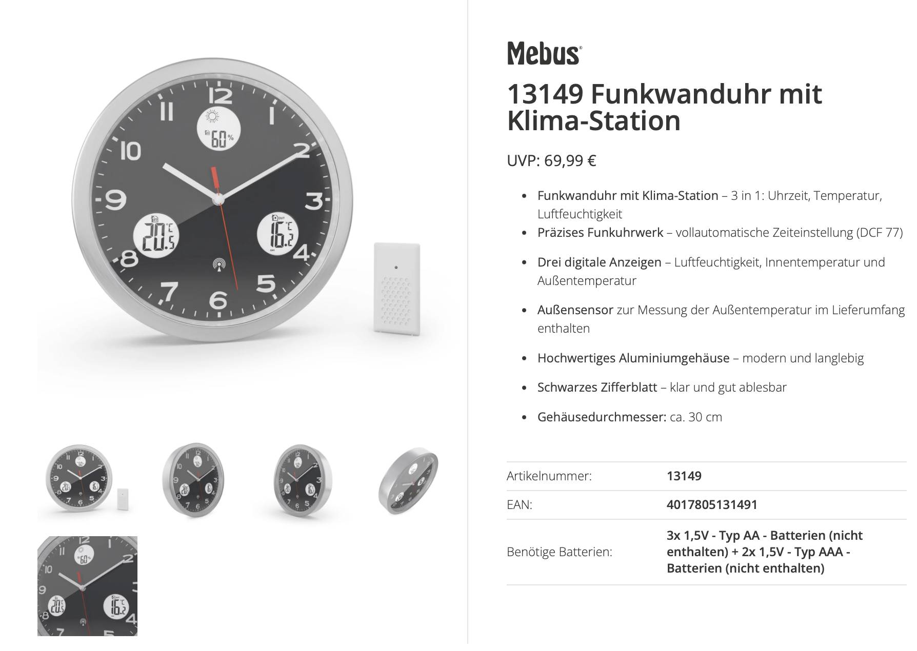 Product listing for 'Mebus 13149 Funkwanduhr mit Klima-Station': a round black wall clock with digital temperature, humidity, and date displays, plus a sensor and product details.