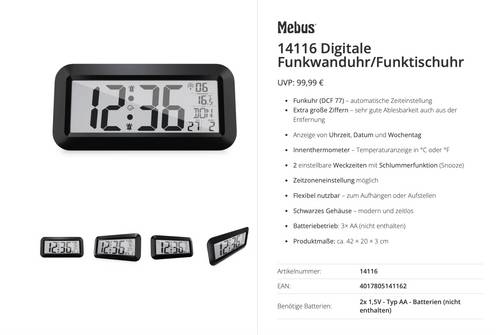 Mebus 14116 Funk Funkuhr 42 cm x 20 cm x 3 cm Schwarz Großes Display