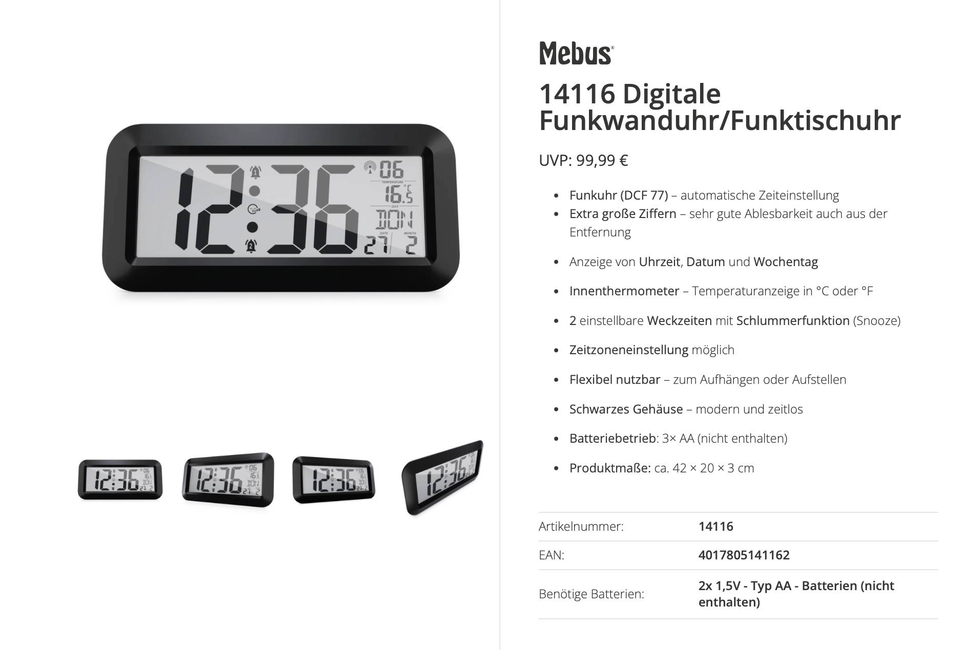 Produktabbildung eines Mebus 14116 Digitalweckers mit Funkuhr und großem LCD-Display, das die Uhrzeit, das Datum, den Wochentag und die Innentemperatur anzeigt.