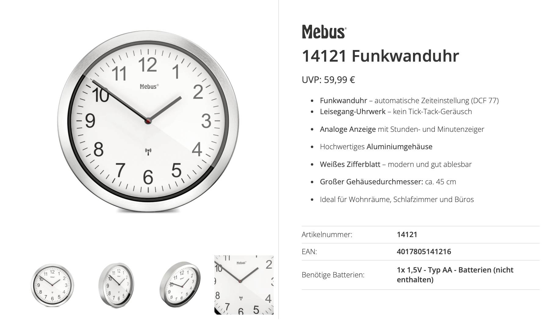 Produktabbildung einer Mebus 14121 Analog-Radio-Funkuhr, silberner Rahmen mit weißem Zifferblatt und schwarzen arabischen Ziffern, 45 cm Durchmesser, mit Produktdetails und Preis EUR59,99 angezeigt.