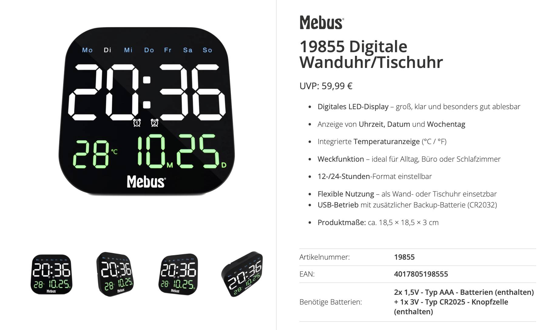Mebus digitale Wanduhr und Wecker mit großem LED-Zeit- und Datumsdisplay, zeigt 20:36 und 28°C an, zusammen mit Produktspezifikationen und Preis.