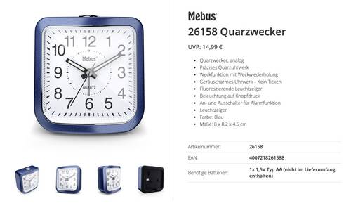 Mebus 26158 Quarz Wecker Blau
