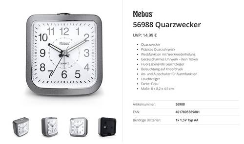 Mebus 56988 Quarz Wecker Grau