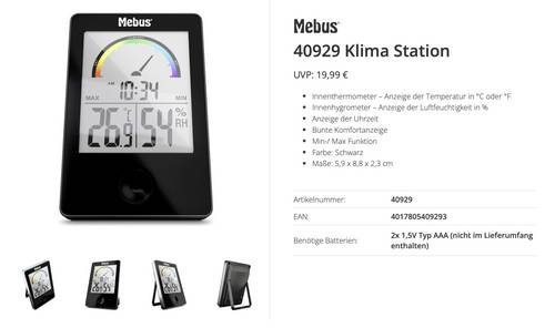 Mebus Thermo-/Hygrometer Schwarz 40929