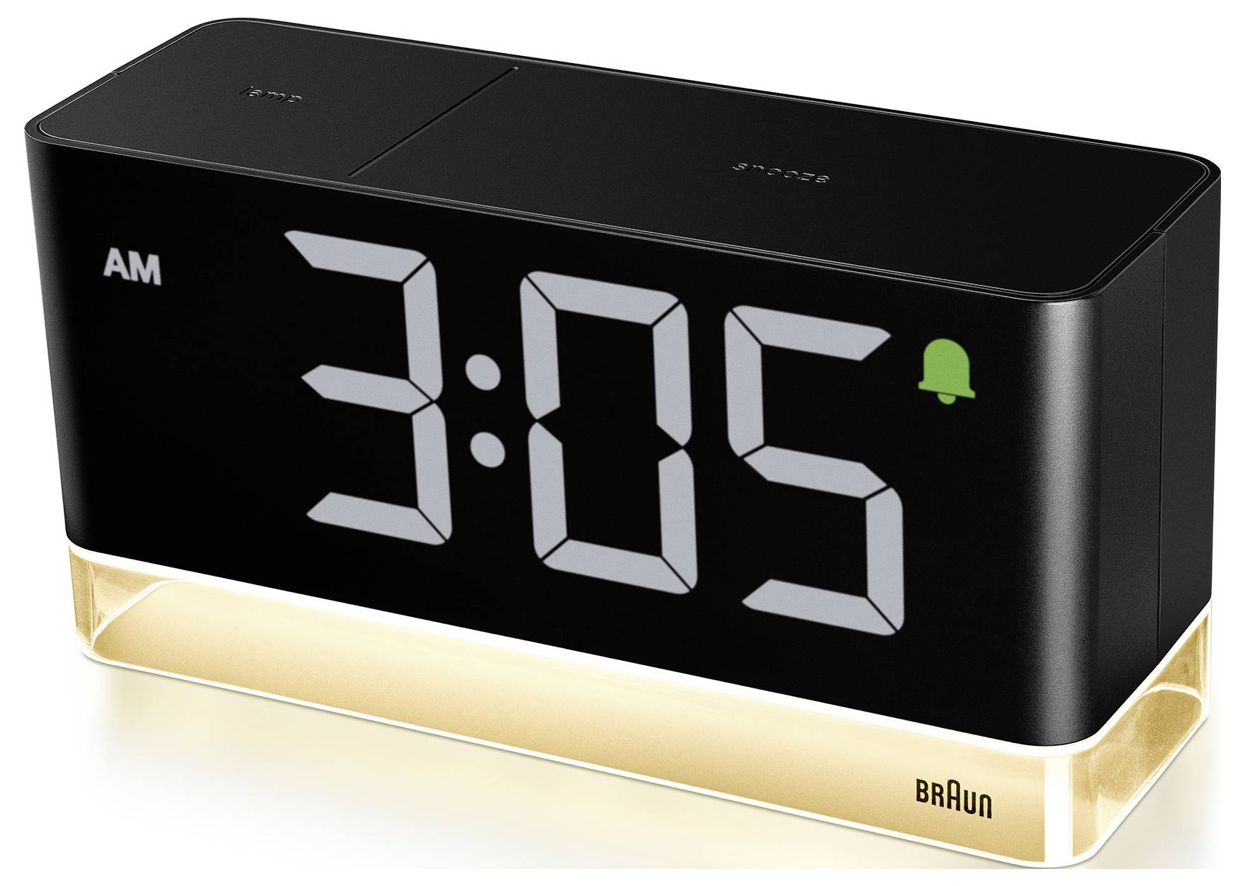 Schwarze Braun digitale Wecker zeigt 3:05 Uhr morgens an, mit einem grünen Alarmsymbol und bernsteinfarbigem Basislicht.