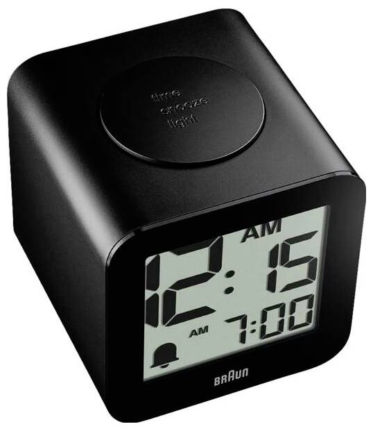 Schwarze Braun digitale Wecker zeigt 12:15 Uhr nachts an, mit Alarm auf 7:00 Uhr eingestellt.
