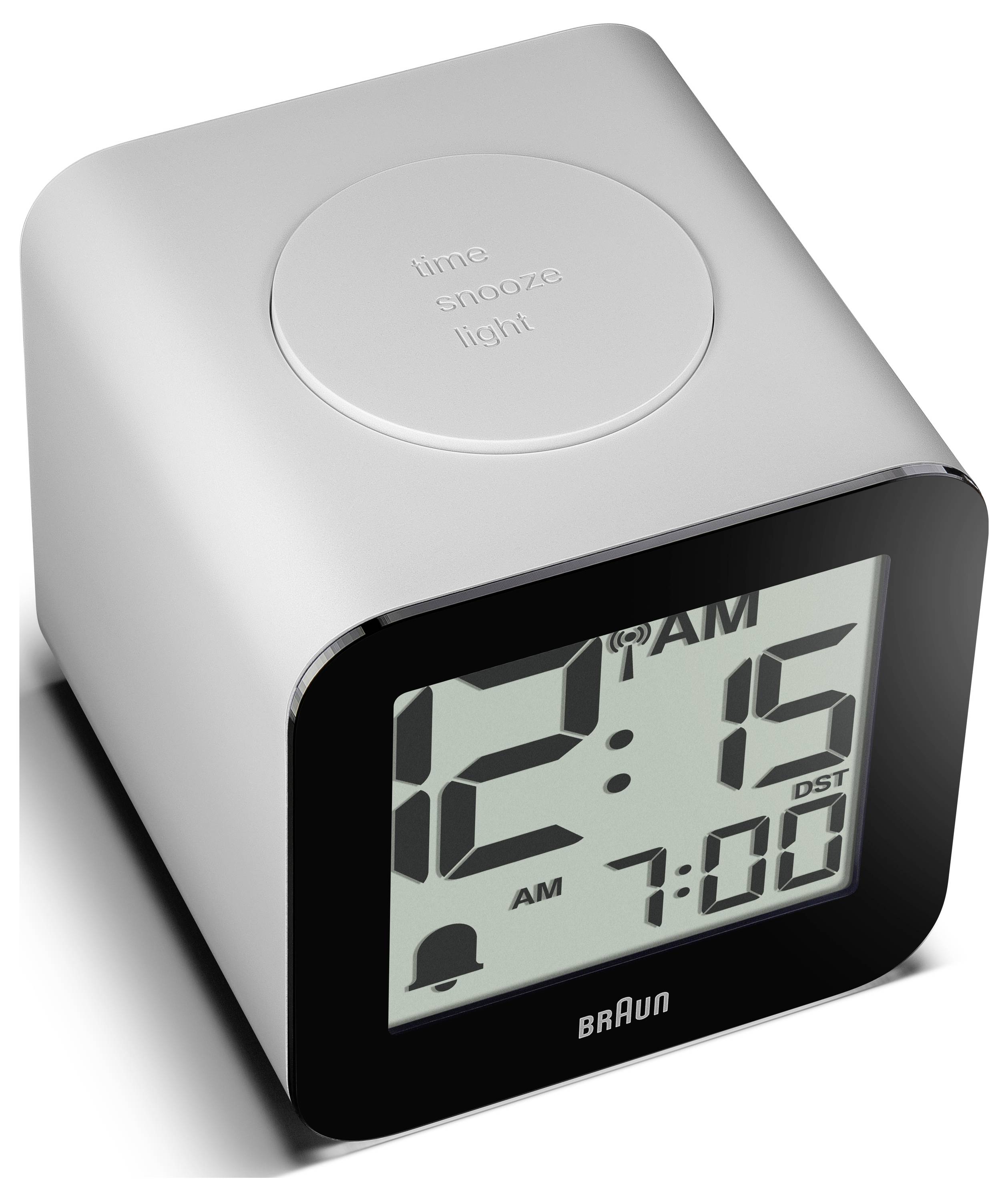 Moderner Braun-Digitalwecker zeigt 12:15 Uhr nachts und Alarm auf 7:00 Uhr eingestellt, mit Schlummerlicht-Taste oben.