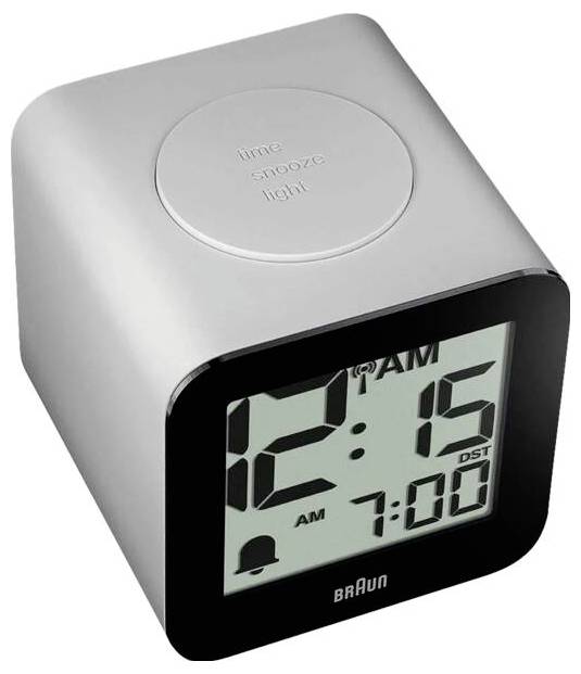 Silberne digitale Wecker Braun mit Anzeige 12:15 Uhr und „Snooze