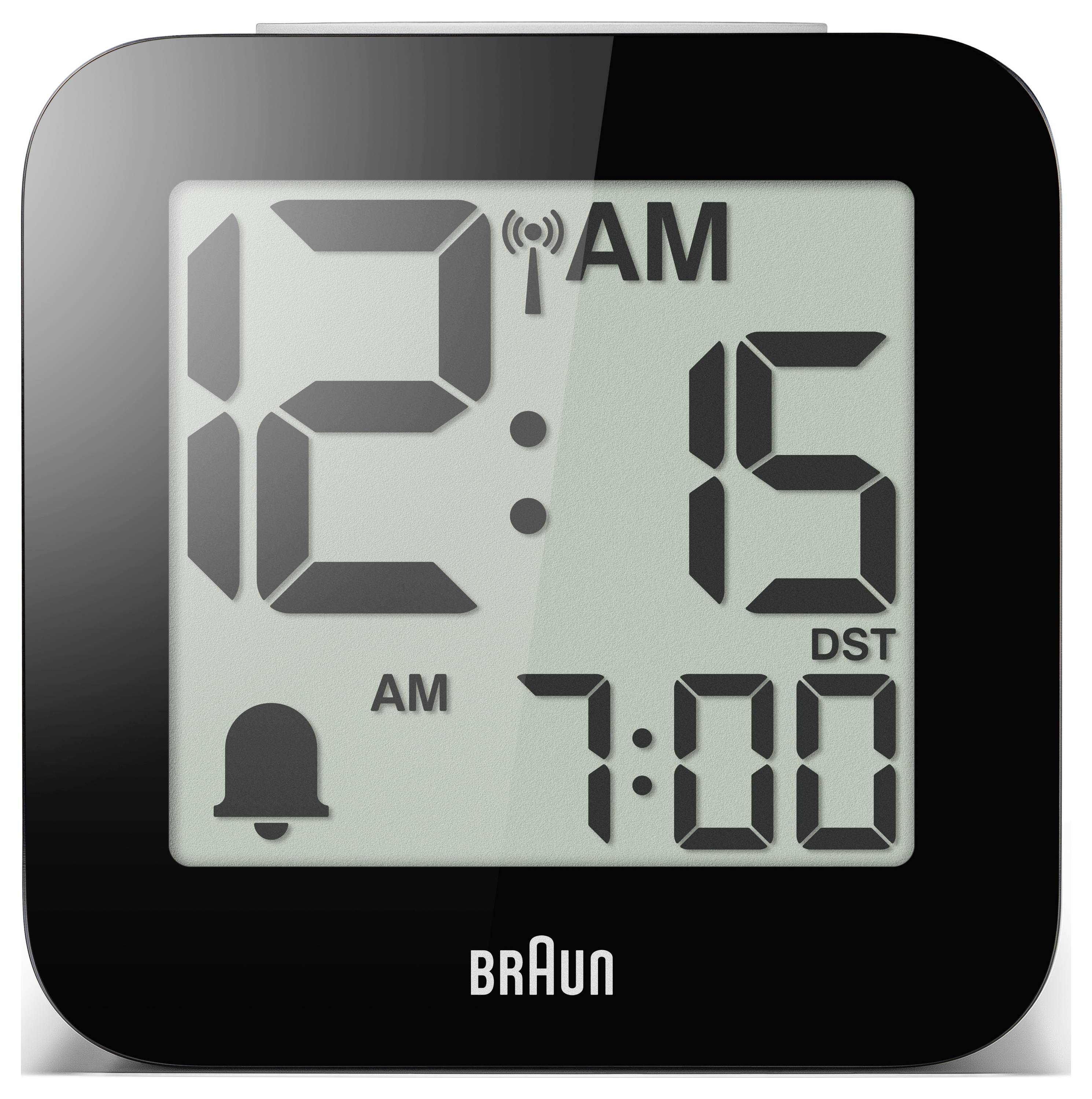 Schwarze Braun digitale Uhranzeige mit 12:15 Uhr morgens, mit Wecker auf 7:00 Uhr eingestellt und Sommerzeit-Anzeige.