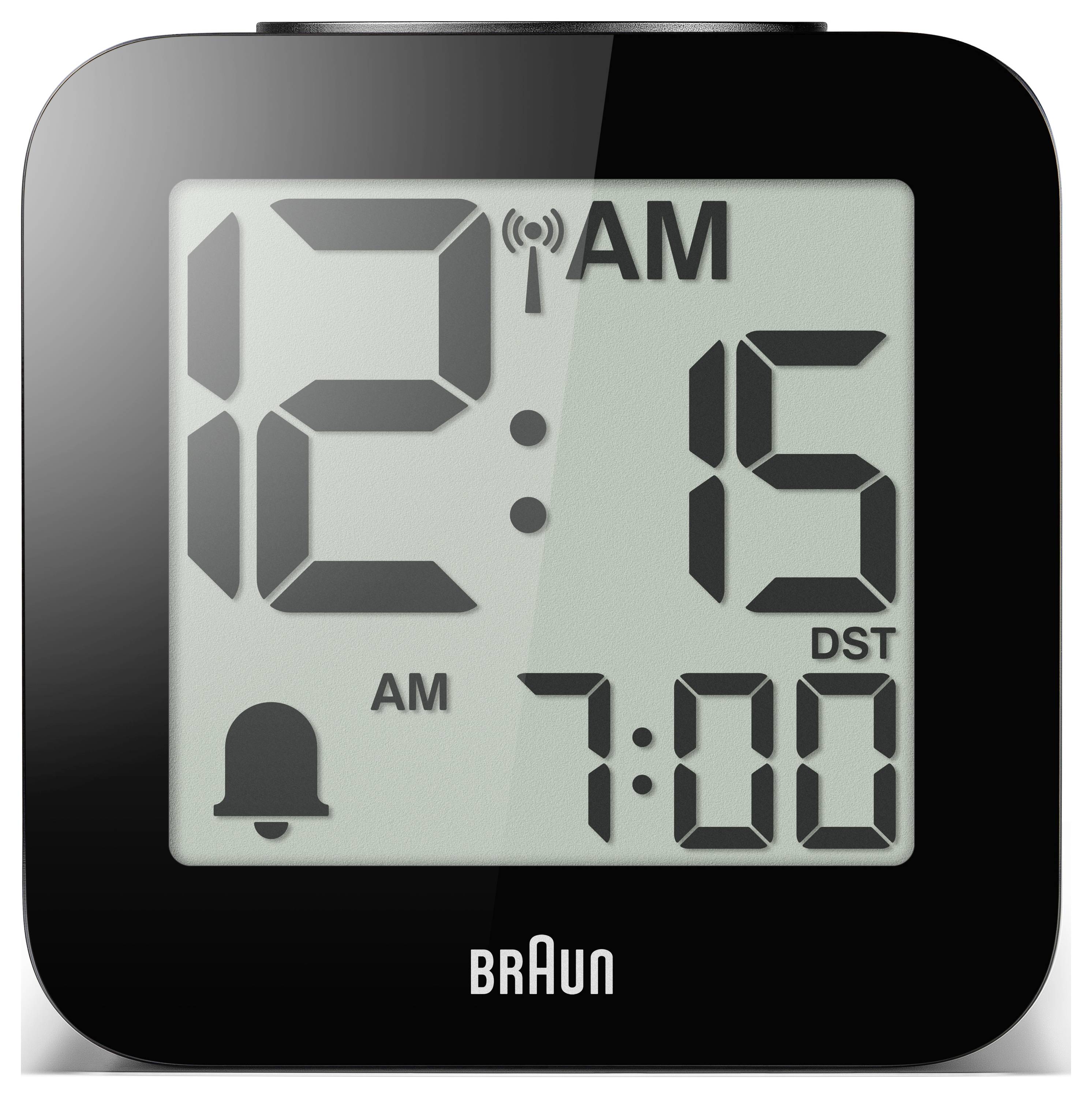 Black Braun Digitalwecker mit Display, das 12:15 Uhr nachts anzeigt, mit eingestelltem Alarm um 7:00 Uhr und Sommerzeit-Anzeige.