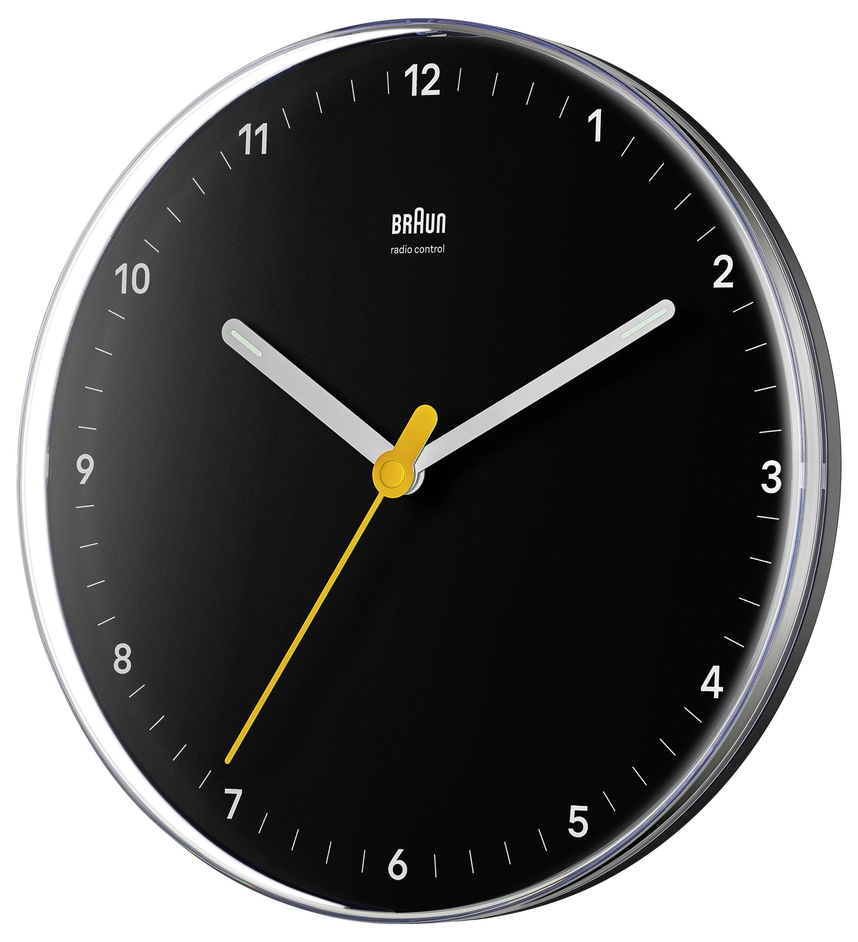 Schwarz Braun analoge Wanduhr mit weißen Ziffern und silbernen Zeigern, die ungefähr 10:10 anzeigt.