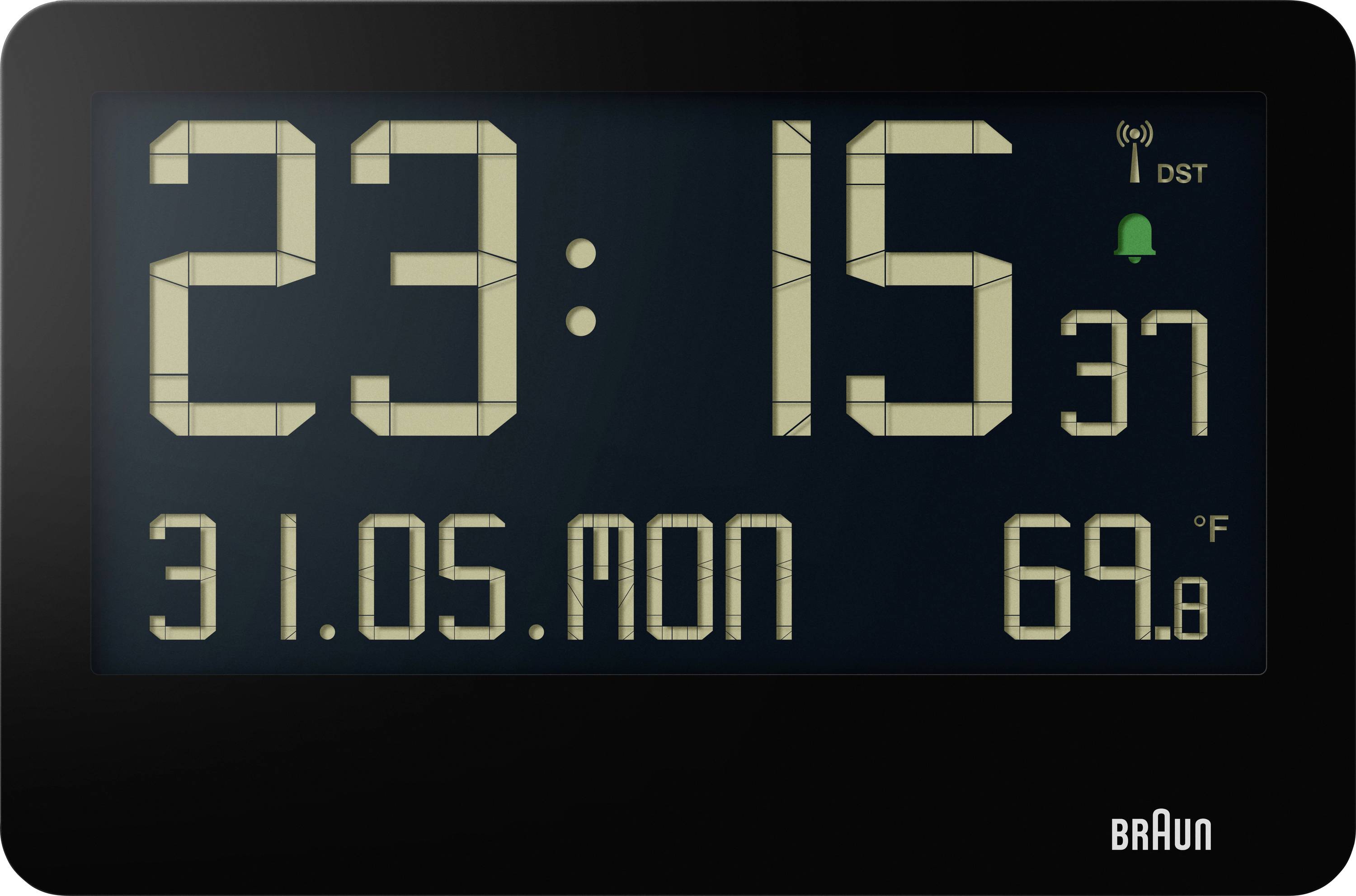 Braun-Digitaluhr-Display zeigt 23:15 an, Montag 31.05, 69,8°F und Wecker 37 mit Sommerzeit-Anzeige.