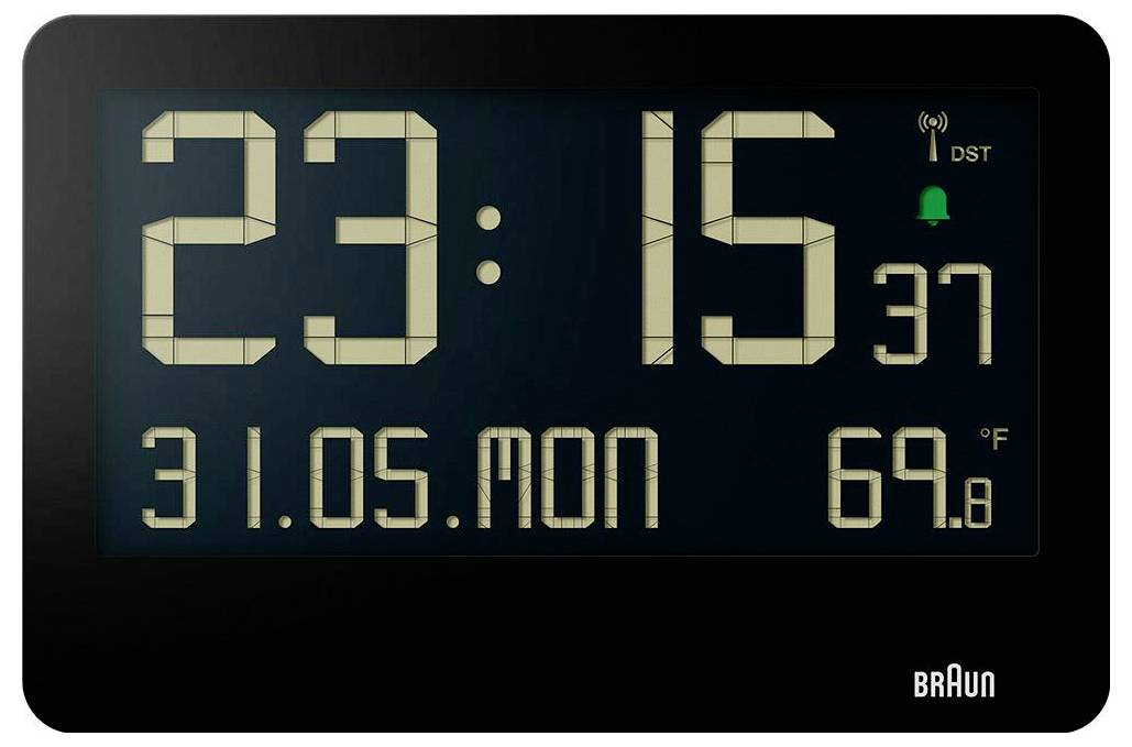 Digitale Braun-Uhr zeigt 23:15, Montag 31.05 und 69,8°F, mit DST- und Weckerindikatoren.