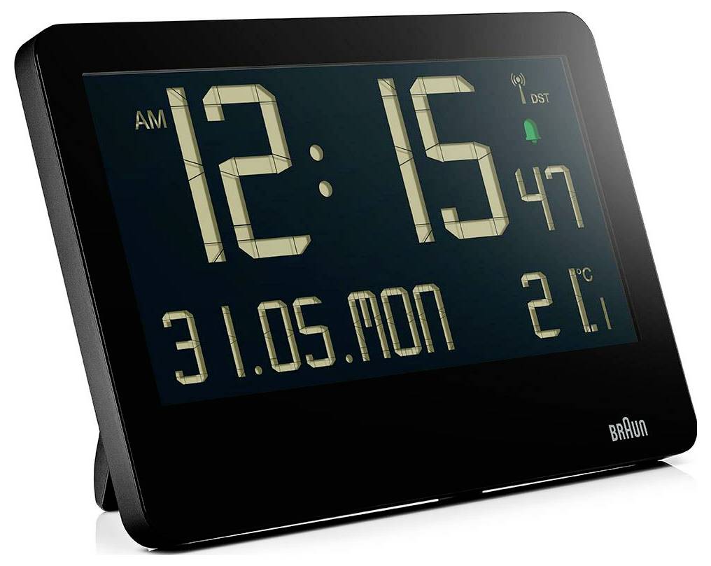 Schwarze Braun Digitaluhr zeigt 12:15 Uhr an, Datum 31.05.Mo und Temperatur 21°C.
