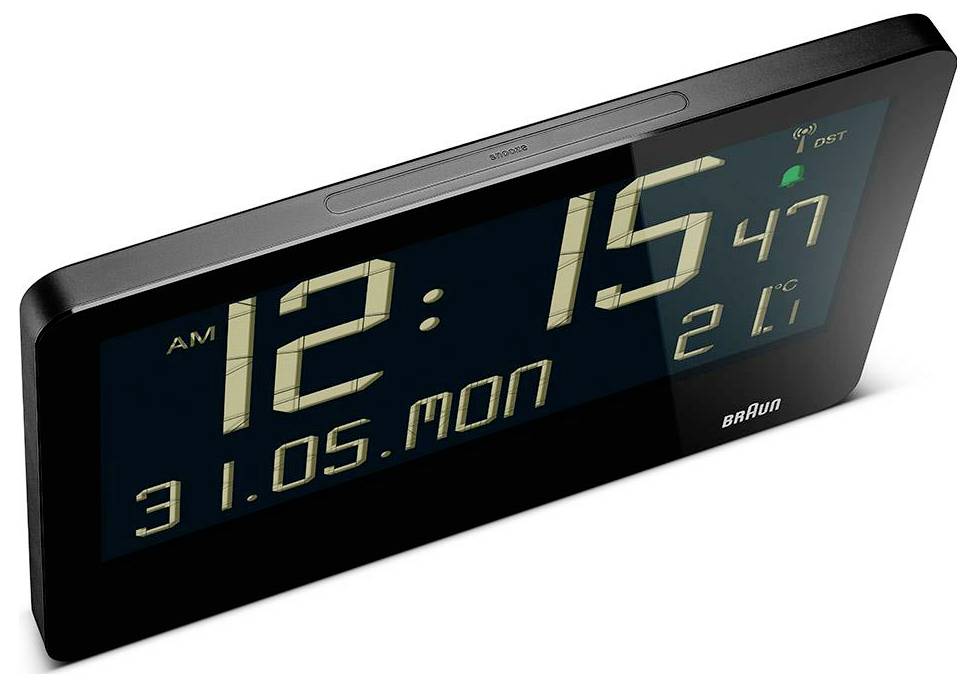 Black Braun Digitalwecker zeigt 12:15 Uhr morgens, Montag 31.05, 21°C, mit einer Sommerzeit-Anzeige.