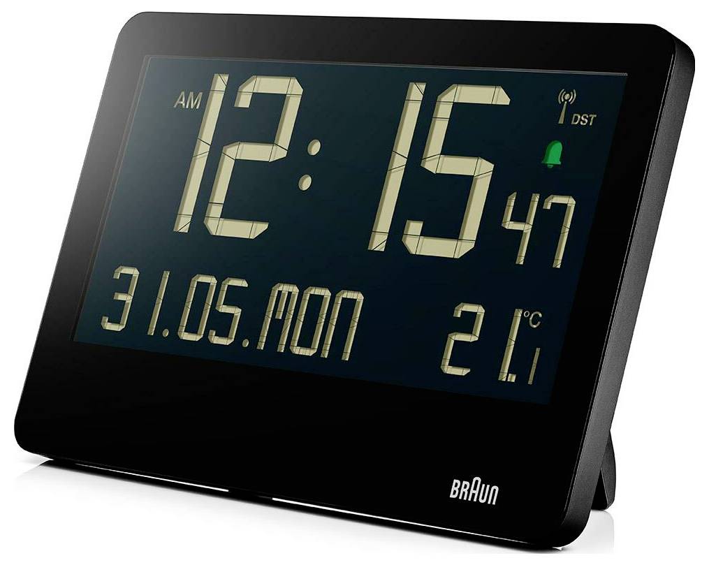 Schwarze Braun Digitale Wecker zeigt 12:15 AM an, Datum 31.05.MON, Temperatur 21°C und Wecker-/Sommerzeit-Anzeigen.