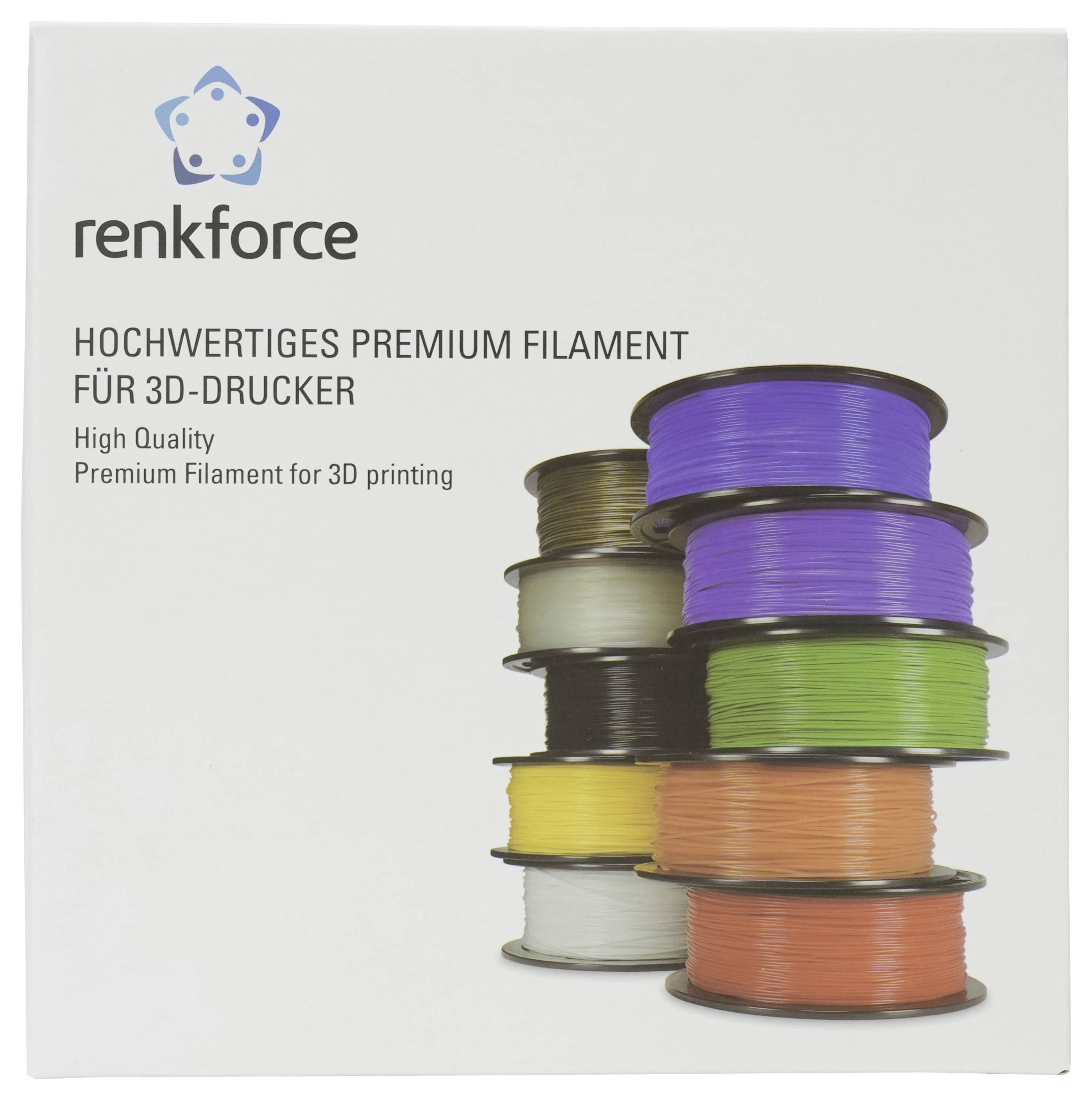 Renkforce Premium 3D-Drucker-Filament-Verpackung mit gestapelten Spulen in mehreren Farben und dem Text „Hochwertiges Premium Filament für 3D-Drucker