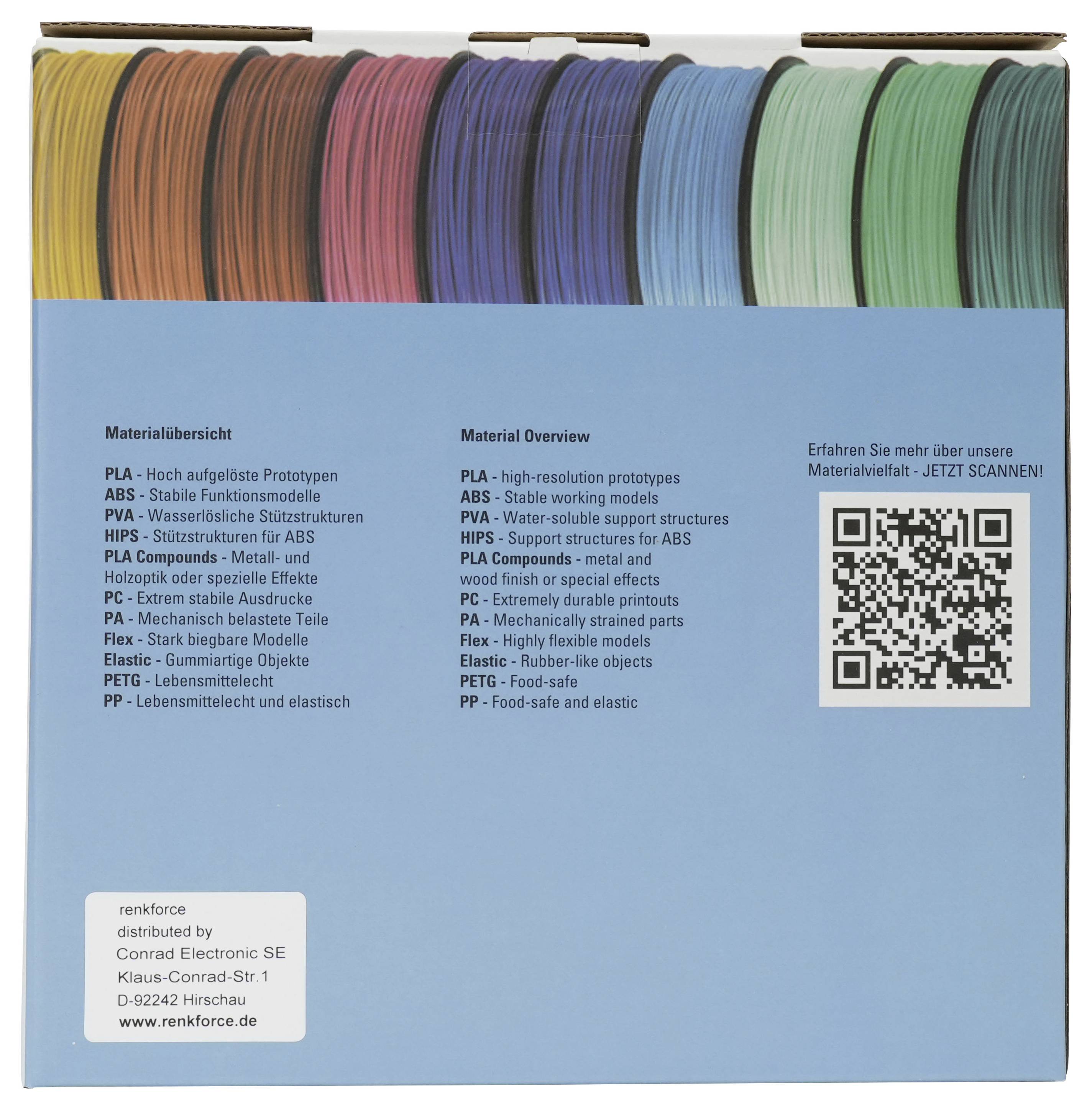 Blaue Broschüre oder Schild mit regenbogenfarbigen Materialmustern in Schichten oben, mit dem Text „Materialübersicht