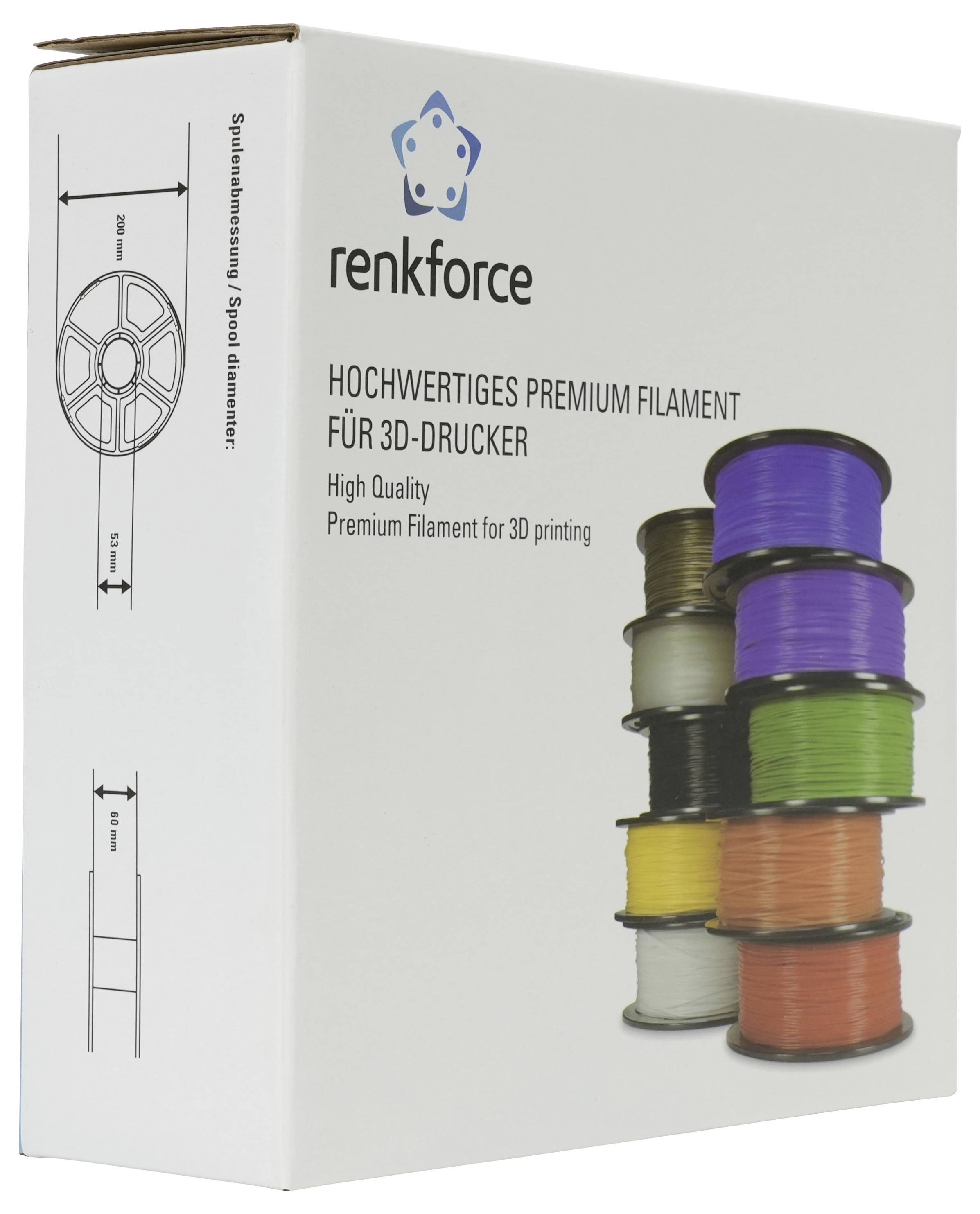 Renkforce Premium-Filamentbox für 3D-Drucker mit gestapelten farbigen Filamentspulen und deutschem Text „Hochwertiges Premium Filament für 3D-Drucker