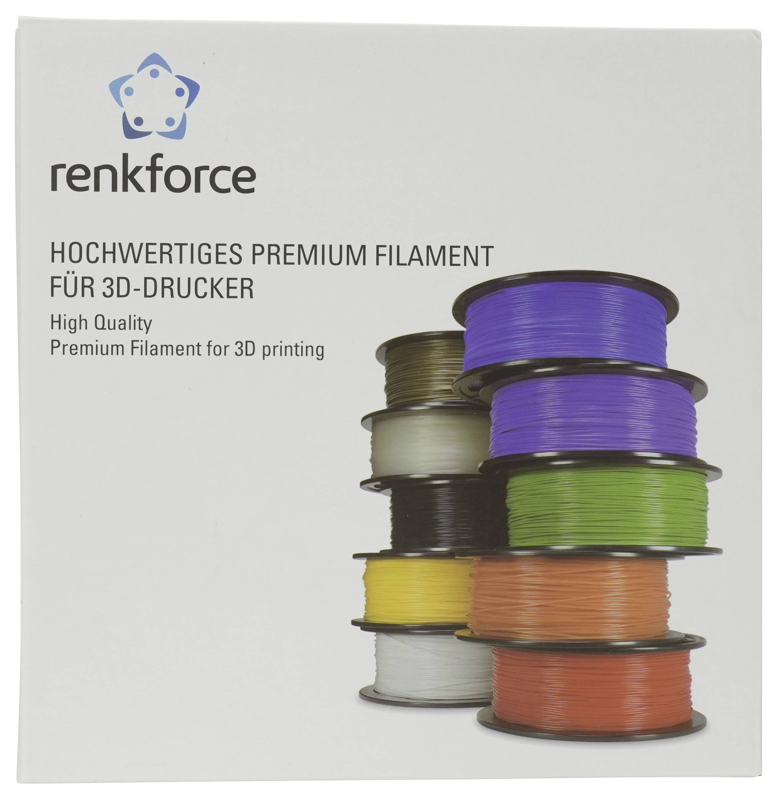 Renkforce Premium 3D-Drucker-Filament-Verpackung mit gestapelten Spulen in mehreren Farben und Text 