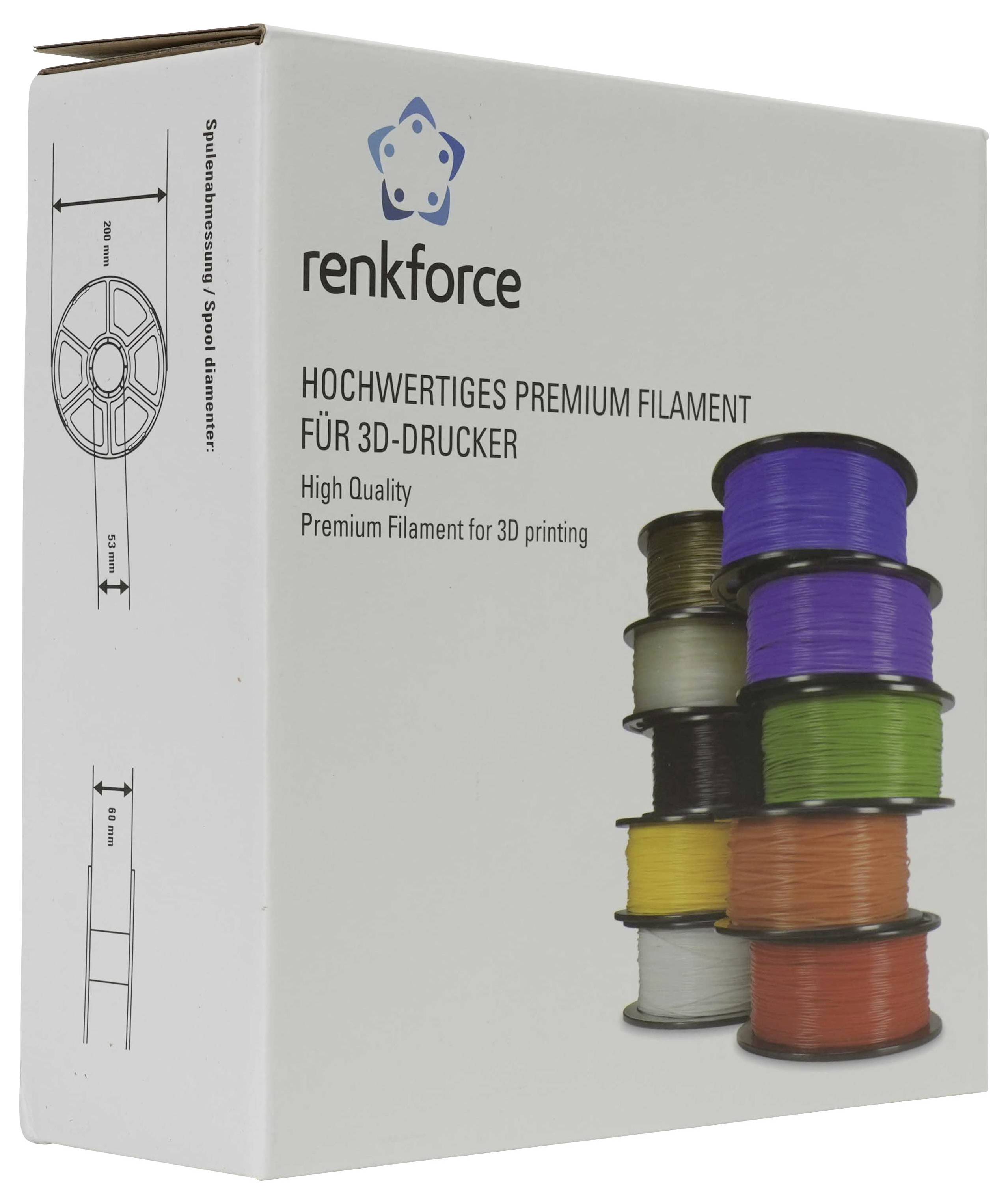 Schachtel mit Renkforce 3D-Druckfilament mit der Aufschrift „Hochwertiges Premium Filament für 3D-Drucker