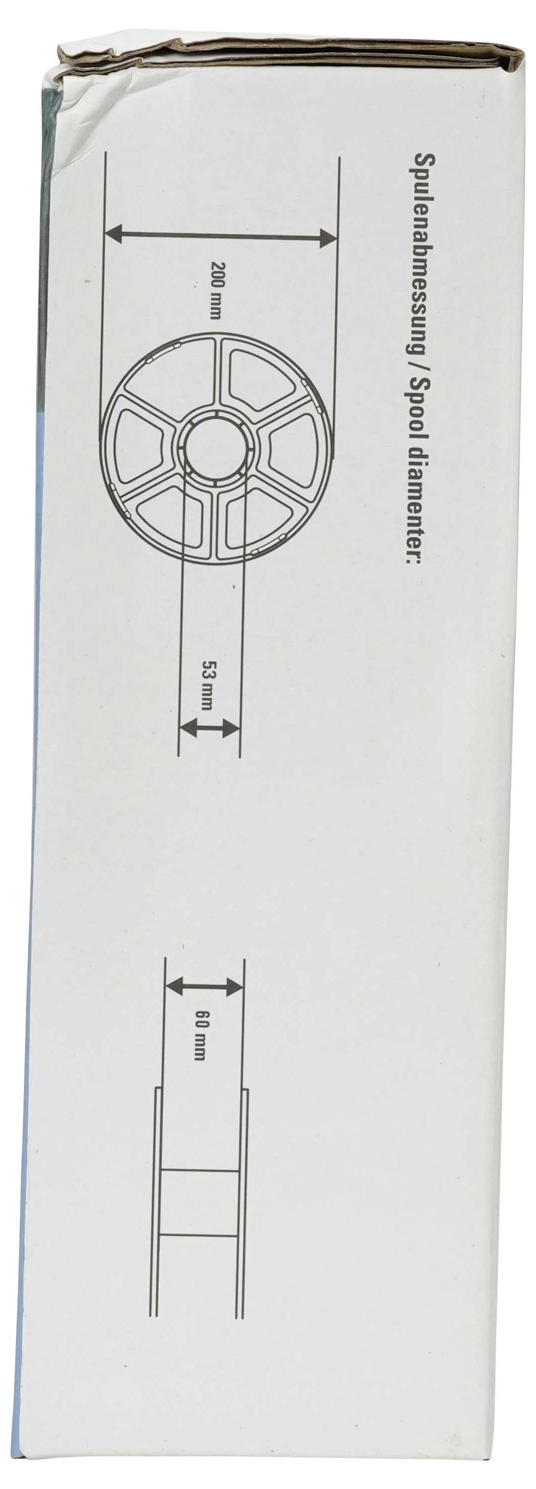 Verpackungskarton-Diagramm mit einer Spule mit Abmessungen: „Spulenabmessung / Spulendurchmesser